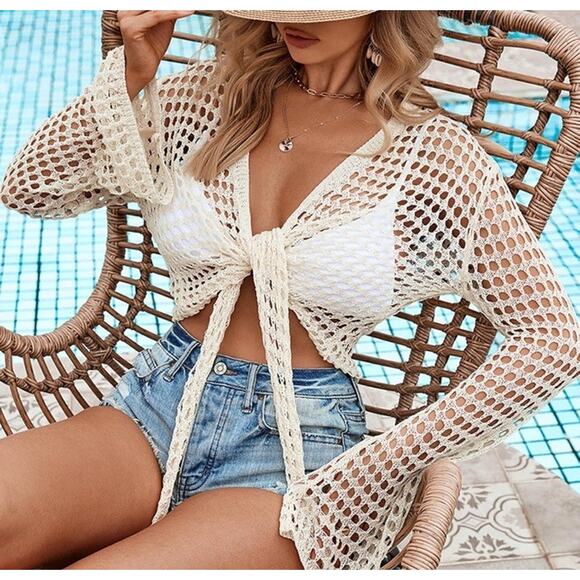 Women’s Crochet Knit Tie Front Sheer Cardigan Long Sleeve Crop Top Cover Up L - Picture 4 of 7